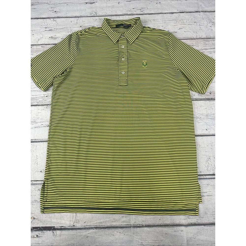 Men's Ralph Lauren Polo RLX  Yellow & Navy Striped Size Large PCG Logo On Front